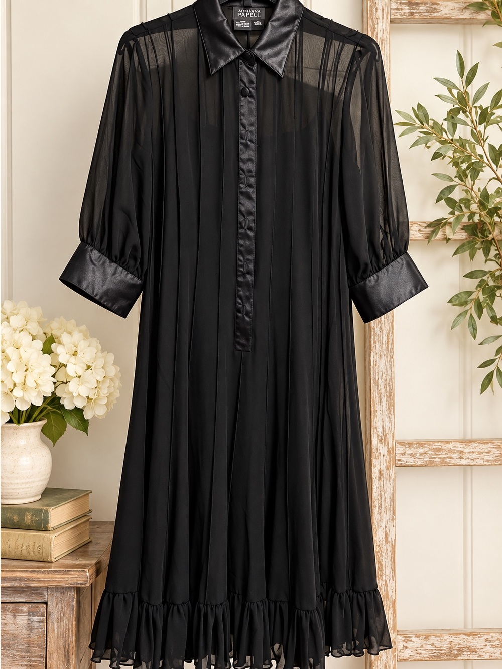 Adrianna Papell Black Sheer Pleated Midi Dress with Satin Trim